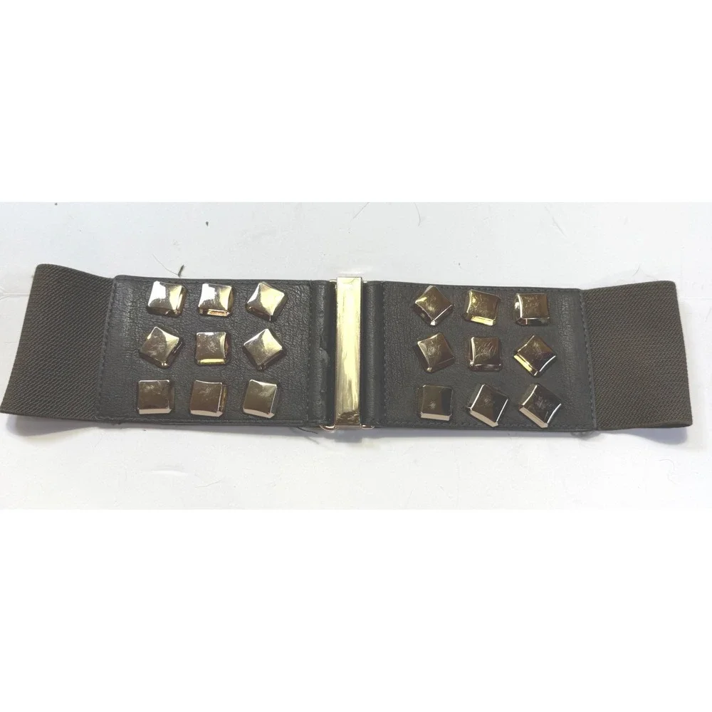 Brown Elastic Cinch Waist Belt Gold Square Pyramid Studs Wide Faux Leather 27in